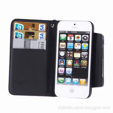 Smooth Surface PU Leather Case for iPhone 5, 5S, with Credit Card Slots and Lanyard, Comes in Black